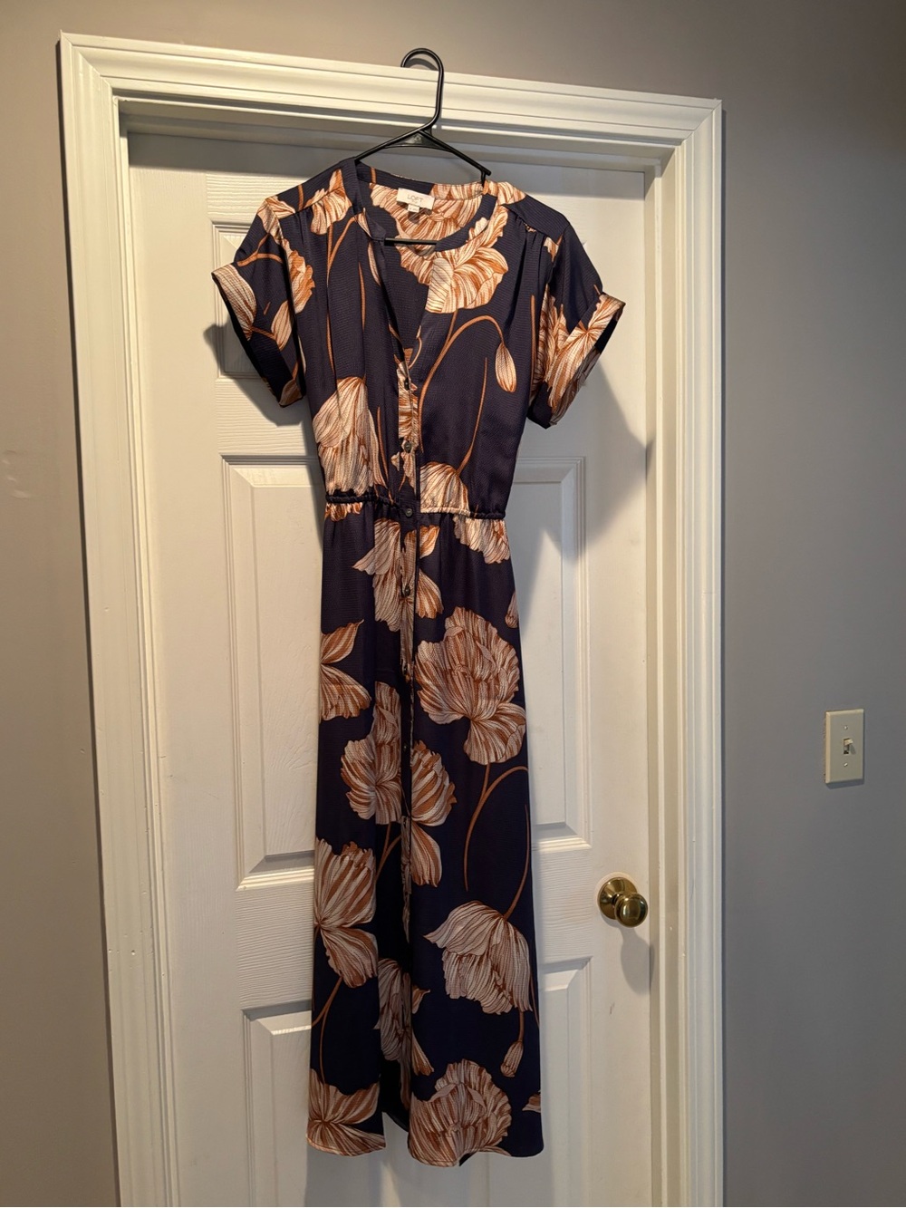 LOFT Navy Blue Maxi Dress with Beige Floral Print